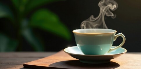 Fragrant steam rises from a delicate ceramic cup, steam rising, ceramic, tea