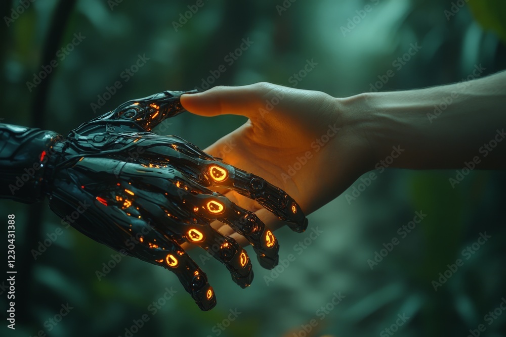 Poster Connection between human and robot in a lush, futuristic environment during twilight