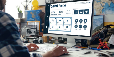 Smart home technology, centric remote control system with digital dashboard for air conditioning, safety security network or house automation. App software, ui panel programming IOT monitor brisk
