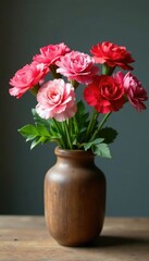 Freshly picked carnation stems in a rustic wooden vase, vase, carnations, flowers