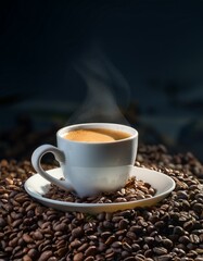 Fototapeta premium Taza de café, sobre una montaña de granos de café arabica tostados.
