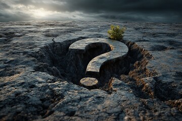 Mysterious stone question mark arises from cracked earth under dark sky