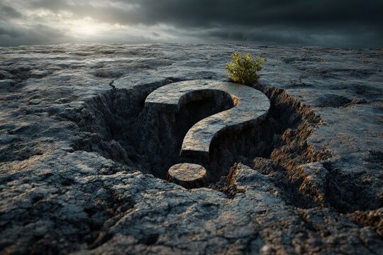 Mysterious stone question mark arises from cracked earth under dark sky