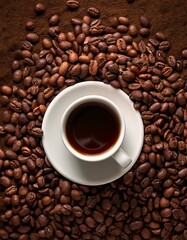 Fototapeta premium Taza de café, sobre una montaña de granos de café arabica tostados.