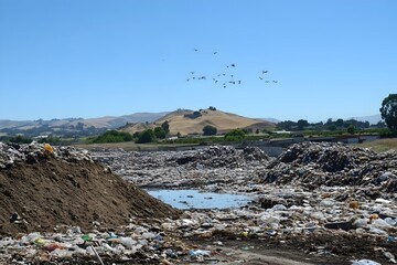 Extensive Landfill Waste Disposal Site Environmental Pollution Aerial View Birds Flying Over Mountains Sunny Day Huge Garbage Dump Waste Management Recycling Crisis Ecological Disaster Pollution      