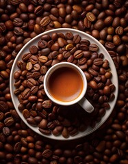 Fototapeta premium Taza de café, sobre una montaña de granos de café arabica tostados.