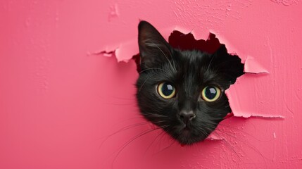 Mysterious Black Cat Peeking Through a Pink Wall