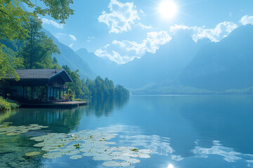 Fototapeta premium Mountain Lake Cabin Idyllic Summer Scene