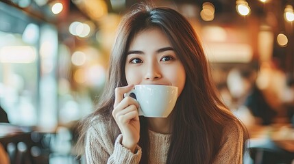 A young woman with long dark hair sits in a cafe, smiling as she drinks a cup of coffee.