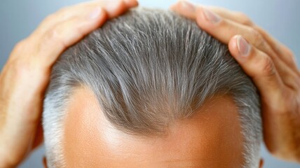 Fototapeta premium A close-up of a person's head with gray hair, hands resting on top, suggesting grooming or hair care.