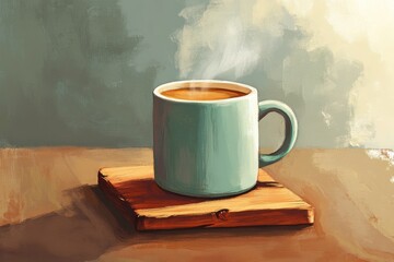 A steaming mug of coffee rests on a wooden coaster
