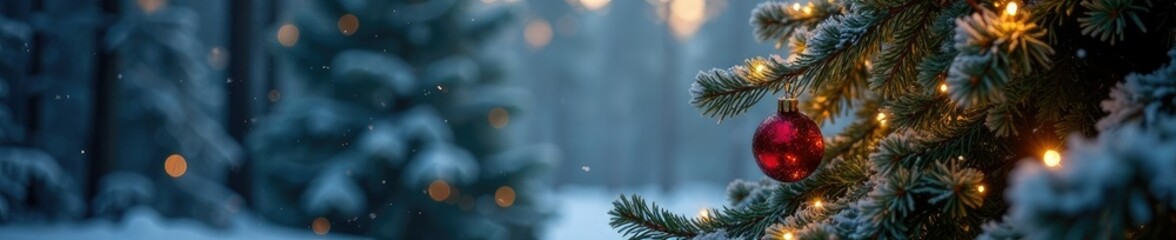 Obraz premium Majestic fir tree with frosted ornaments and sparkling lights against a serene snowy backdrop in the woods, shine, fir, christmas