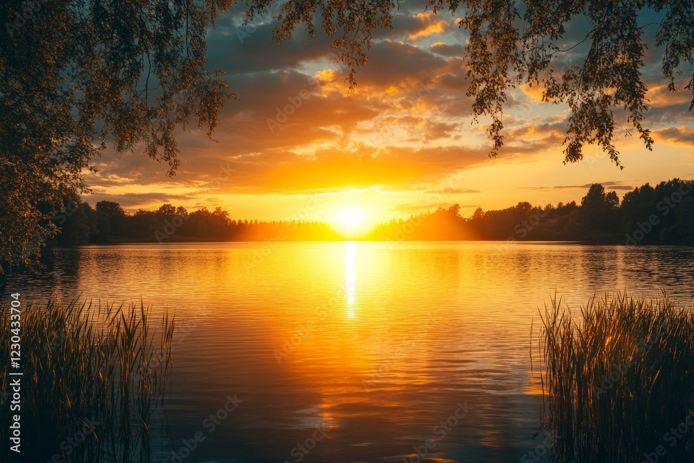 Aufkleber sunset casting golden reflections on a tranquil lake surrounded by trees and grasses