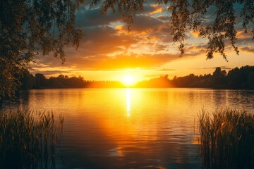 Obraz premium Sunset casting golden reflections on a tranquil lake surrounded by trees and grasses