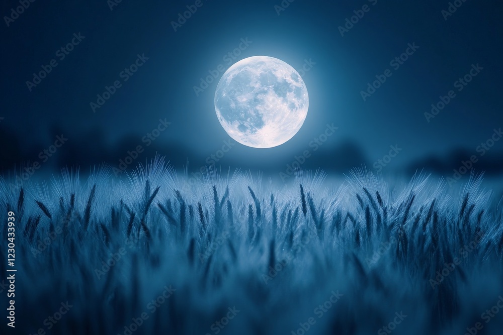 Aufkleber full moon shining over a serene field of tall grass at night casting a mystical glow