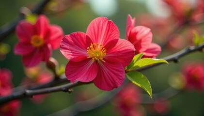 Obraz premium Maroon and yellow tree flower in full bloom on a branch with leaves, bloom, flowers, nature