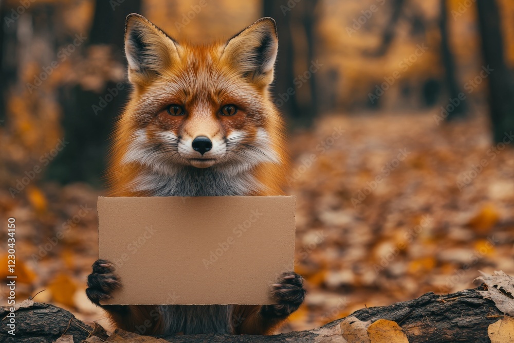 Poster fox holding a blank sign in a serene autumn forest surrounded by fallen leaves and trees