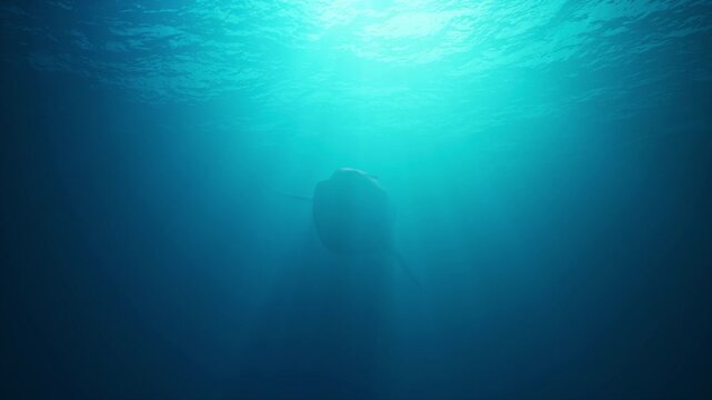 A blue whale swims under the ocean surface