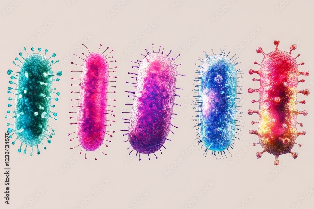 Poster Colorful representations of bacteria showcasing diverse shapes and sizes with intricate details displayed on a neutral background