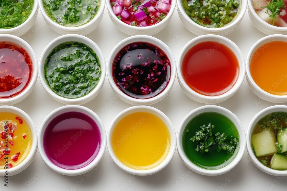 Aufkleber colorful selection of various sauces and dips arranged neatly on a white background
