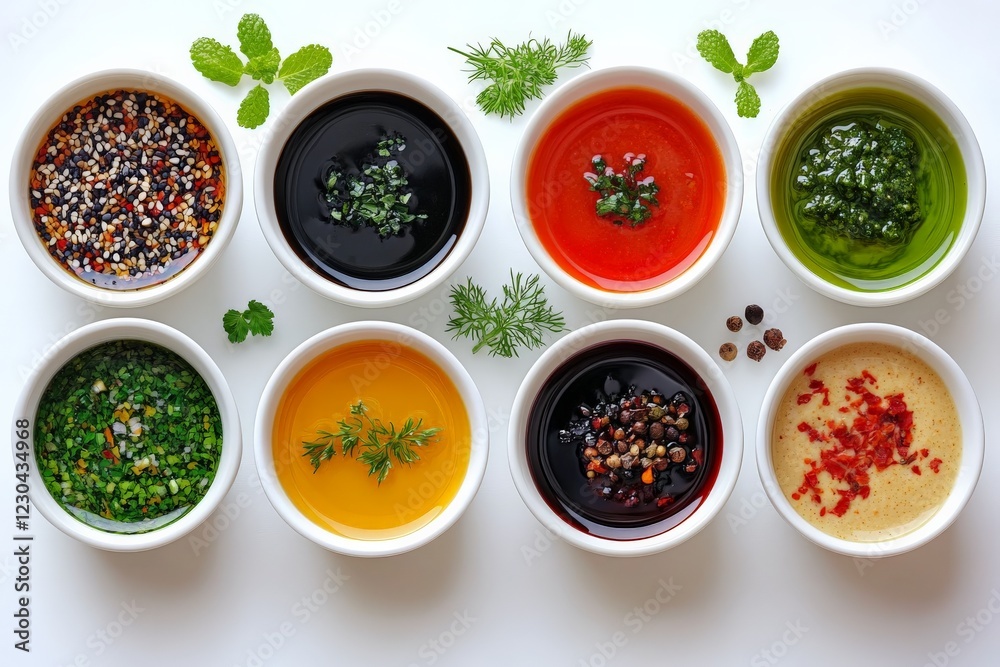 Aufkleber Colorful array of diverse sauces and dips arranged neatly in small bowls on a light background