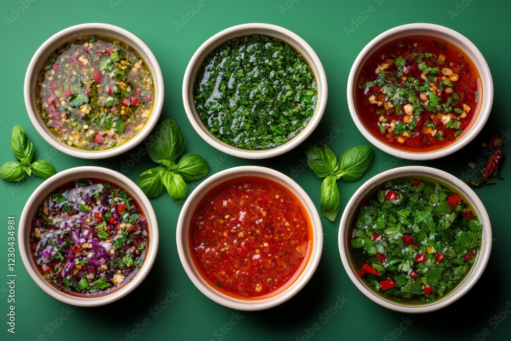 Poster colorful assortment of six vibrant sauces displayed on a green background in a culinary setting