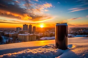 Silhouette of energy drink can against snowy Bryansk, Russia cityscape at sunset, January 21, 2022.