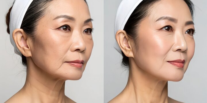 Before and after of an Asian woman picture of a French lifting &ndash; thread lifting for face tightening and skin rejuvenation