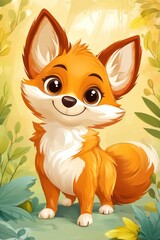 Obraz premium Cute fox cub in forest, happy expression, sunlight background, children's book illustration