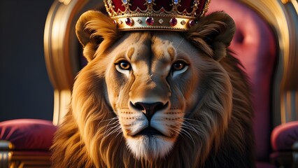 Fototapeta premium Lion Close up with Golden Crown on Velvet Throne.