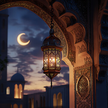 A beautiful, ornate lantern hangs from a decorative archway, casting a warm glow on the intricate Islamic architectural details of a mosque or similar structure