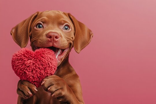 Ad campaign idea. Vizsla - my cherished dog. Cute vizsla pooch with fluffy red heart - emblem of love, funny greeting card. Adorable valentine's day themes. Love-filled moments with animals.