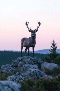 Majestic Deer Standing on Rocks Against a Pastel Sky at Dusk