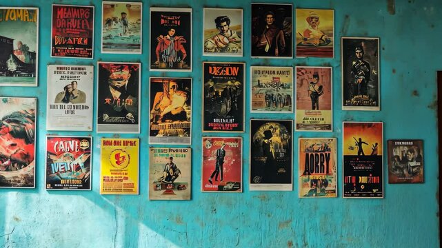 Variety of cinema posters displayed on a light blue wall in a vibrant setting, cinema wall, variety of posters, light blue setting, copy space