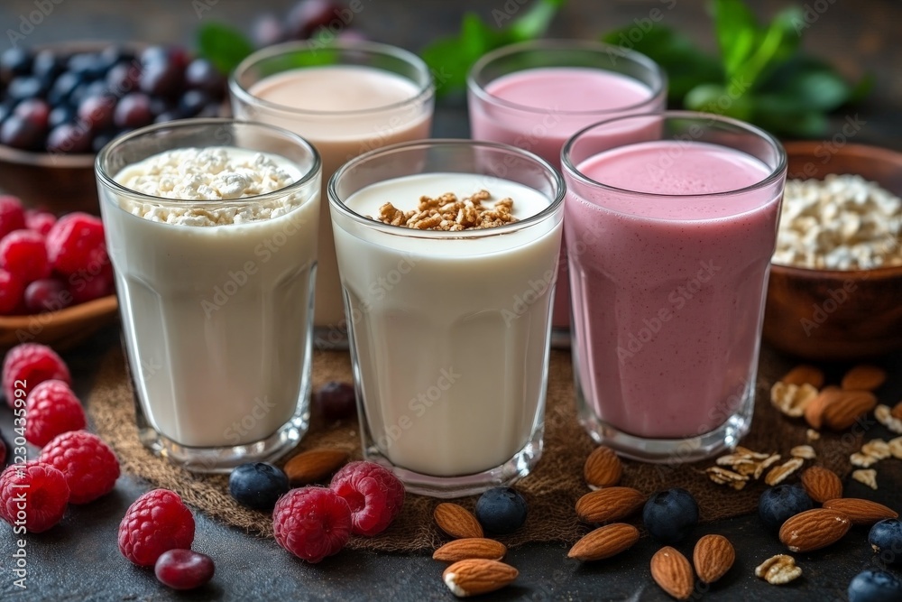 Poster Delicious array of smoothies and yogurt parfaits presented with fresh berries and nuts on a rustic table
