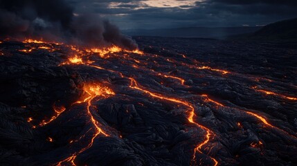 Moody volcanic scene with lava erupting, cinematic lighting, lava splattering on camera lens in a fiery high-contrast composition. High quality photo