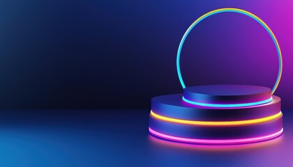 A spiraling tunnel of light with glowing neon edges in vibrant blue, purple, and yellow tones, forming a high-tech futuristic design in 3D