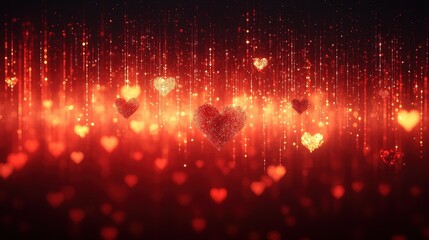 Glittering heart shapes on a radiant red background with sparkling particles