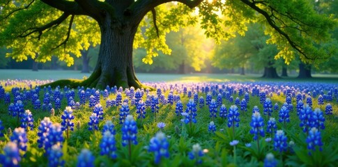 Fototapeta premium Spring morning with a carpet of bluebonnets beneath oak trees, , spring