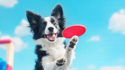 Fototapeta premium Happy Dog Jumping to Catch Frisbee in Bright Blue Sky Outdoors