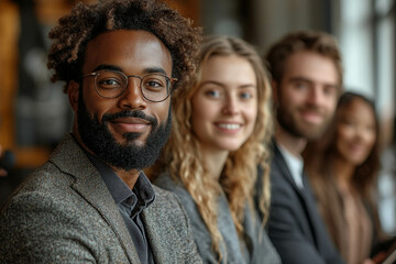 Fototapeta premium Happy Multiethnic Business Team of Male and Female Managers with Team Leader (Black Man) Smiling in Casual Wear and Suits