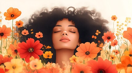 child with flowers Portrait, woman, closed eyes, serene expression, afro hairstyle, field of flowers, orange poppies, red poppies, yellow flowers, dreamy atmosphere, soft lighting, nature-inspired, su