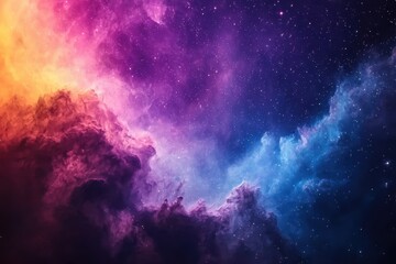 Obraz premium A surreal 3D galaxy with swirling luminous nebula clouds and glowing star clusters, radiating vibrant hues of purple, blue, and gold