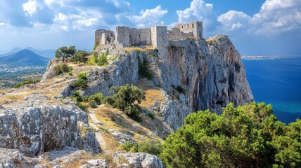 Ancient stone castle ruins perched atop a dramatic cliff overlooking a serene ocean.