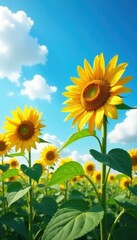 Obraz premium Tall sunflowers sway gently in the breeze against a brilliant blue sky with just a few wispy clouds, bright, cloud