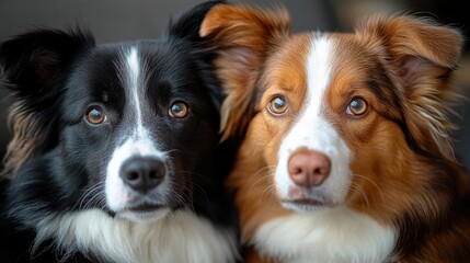Close-up of two alert border collies with intense gazes