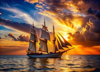 Obraz premium Silhouette of Sailing Ship with Full Sails at Regatta Race
