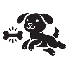 Playful Puppy Running After Bone Silhouette Illustration