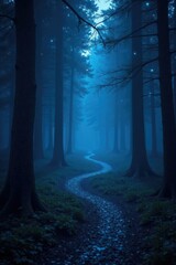 Fototapeta premium A dark forest with a serpentine path of twinkling blue stars, eerie glow, dark forest