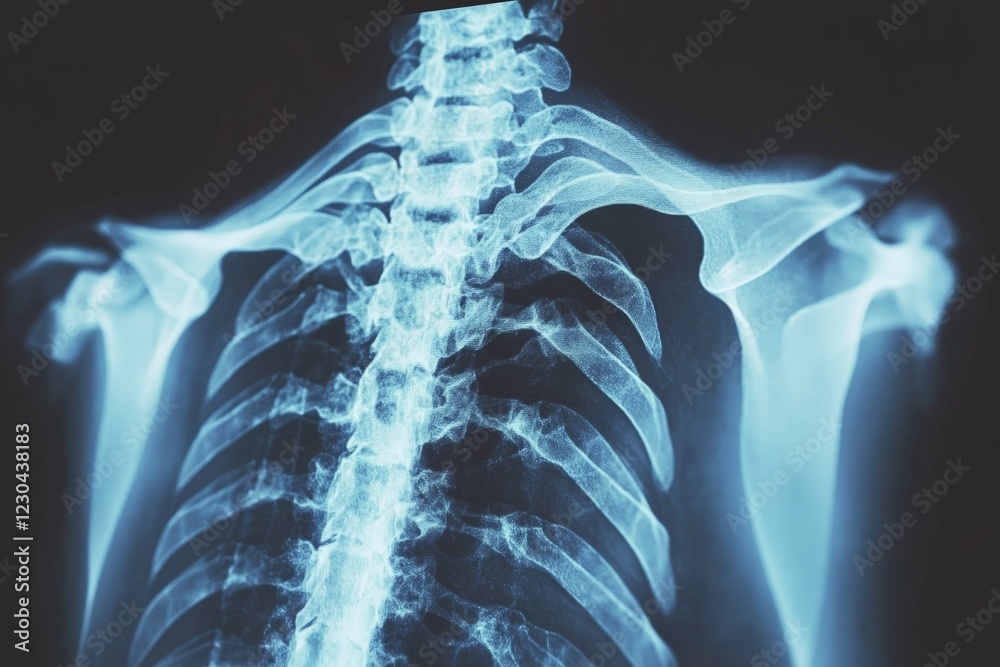 Poster x-ray image of human spine and ribcage showing detailed skeletal structure and alignment